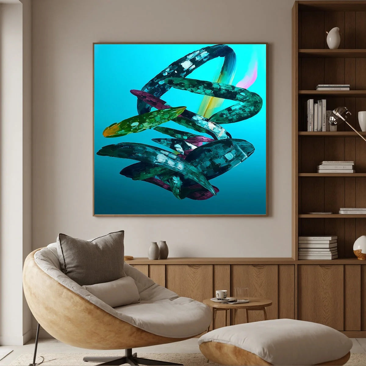 AQUAMARINE WHIRL: Textured Abstract Oil Painting in Turquoise | rectangular format, hand-painted canvas edge