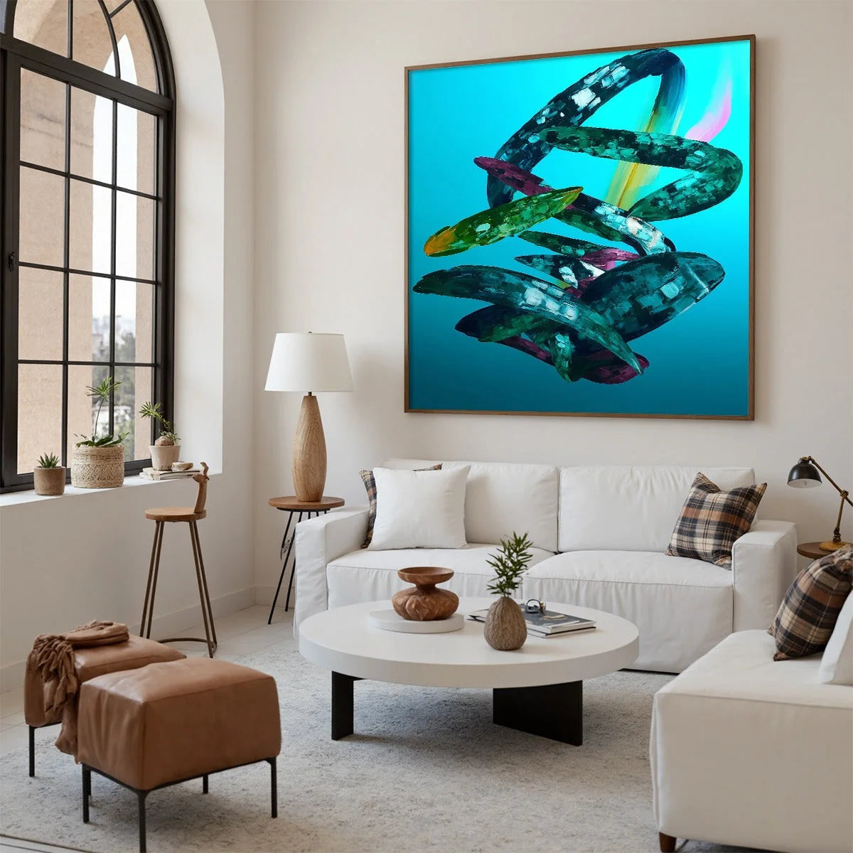 AQUAMARINE WHIRL: Textured Abstract Oil Painting in Turquoise | black frame version on white wall
