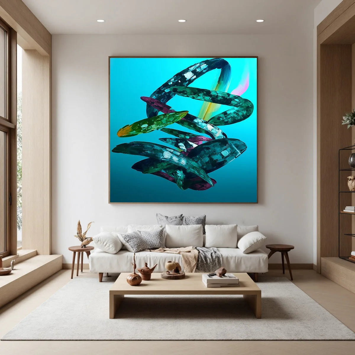 AQUAMARINE WHIRL: Textured Abstract Oil Painting in Turquoise | beige palette, original Hand-painted on premium stretched canvas using artist-grade oils; rich layered surface combines smooth gradie...