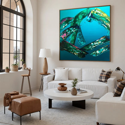 AQUAMARINE WHIRL: Textured Abstract Turquoise Oil Painting | black frame version on white wall