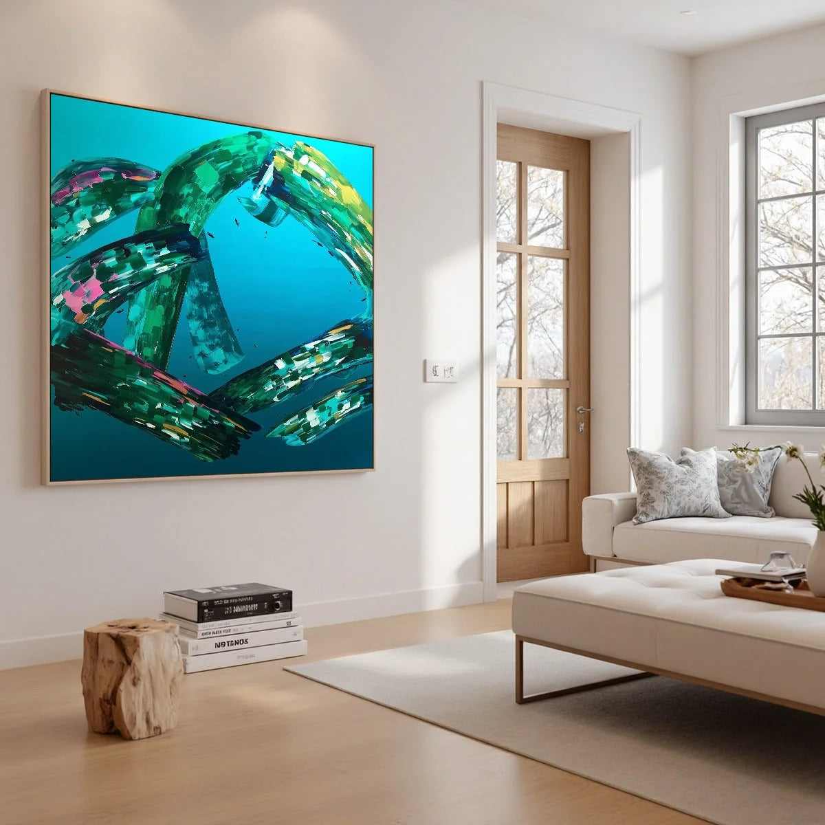 AQUAMARINE WHIRL: Textured Abstract Turquoise Oil Painting | beige palette, original Hand-painted on premium stretched canvas using artist-grade oils; rich layered surface combines smooth gradients...