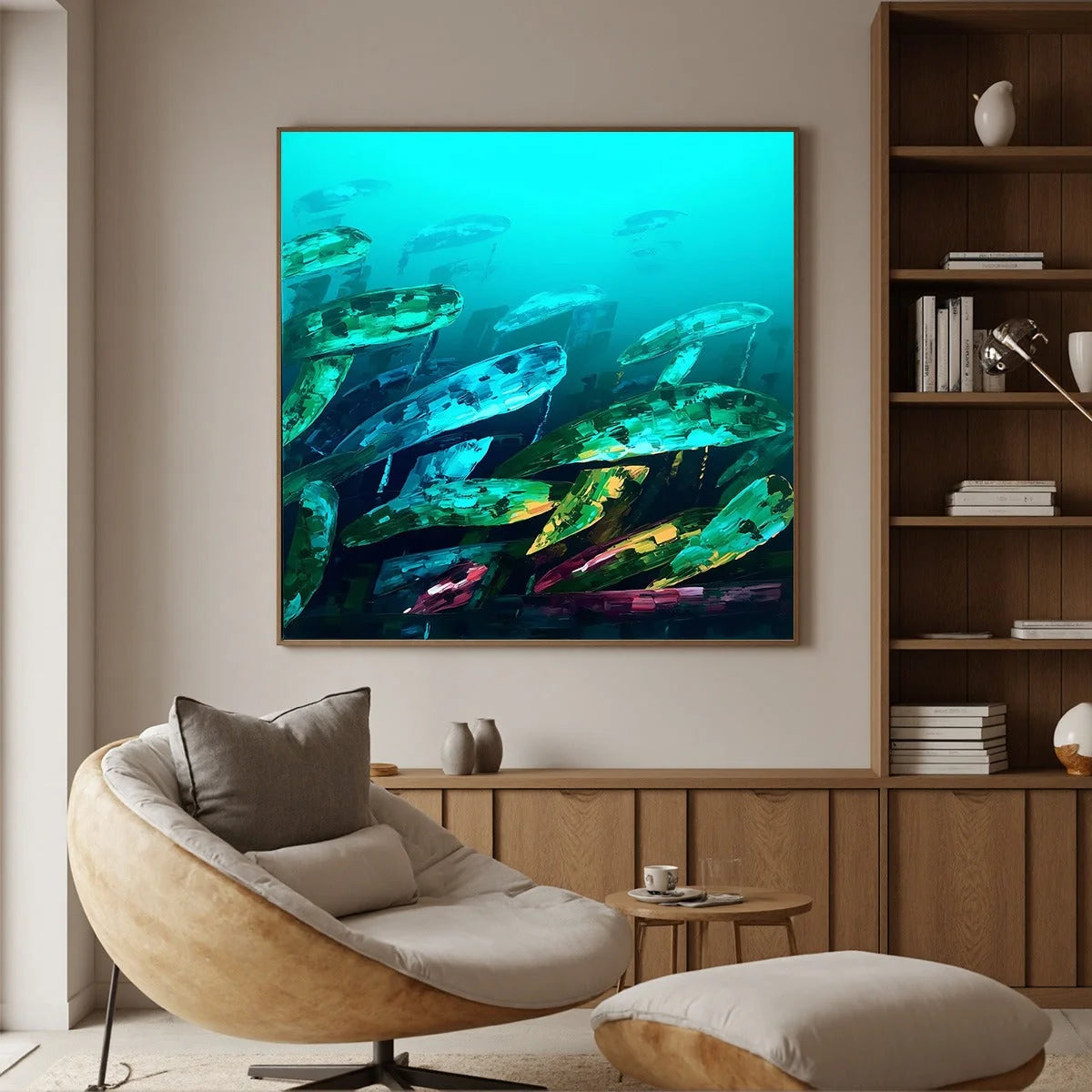AQUATIC DREAM: Textured Abstract Teal and Green Oil Painting | rectangular format, hand-painted canvas edge