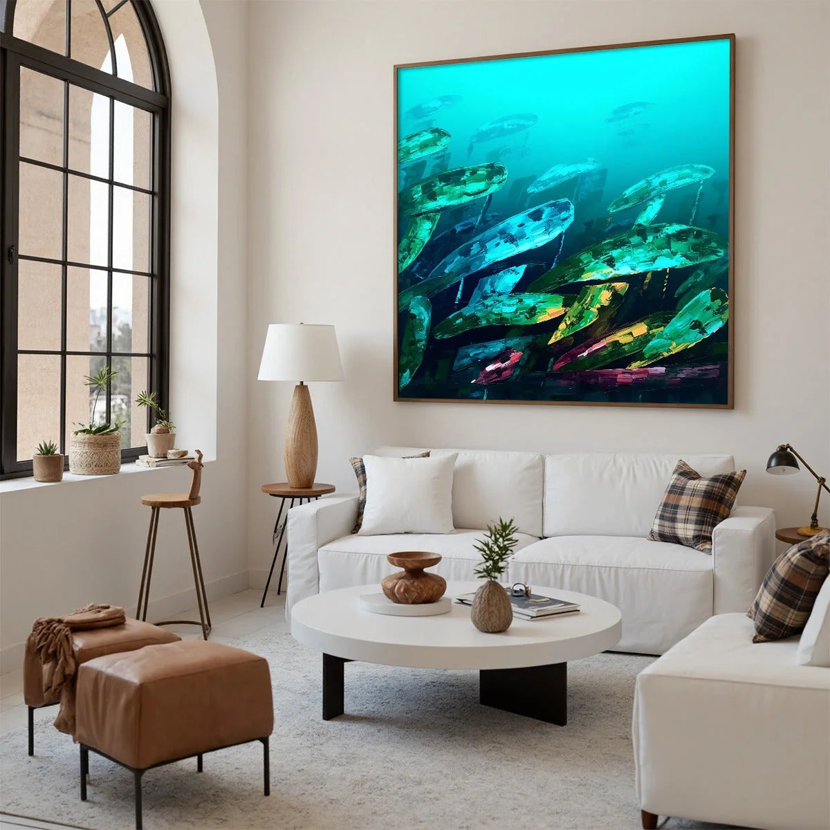 AQUATIC DREAM: Textured Abstract Teal and Green Oil Painting | black frame version on white wall