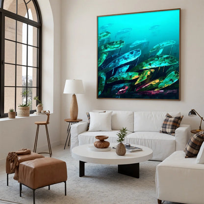 AQUATIC DREAM: Textured Abstract Teal and Green Oil Painting | black frame version on white wall