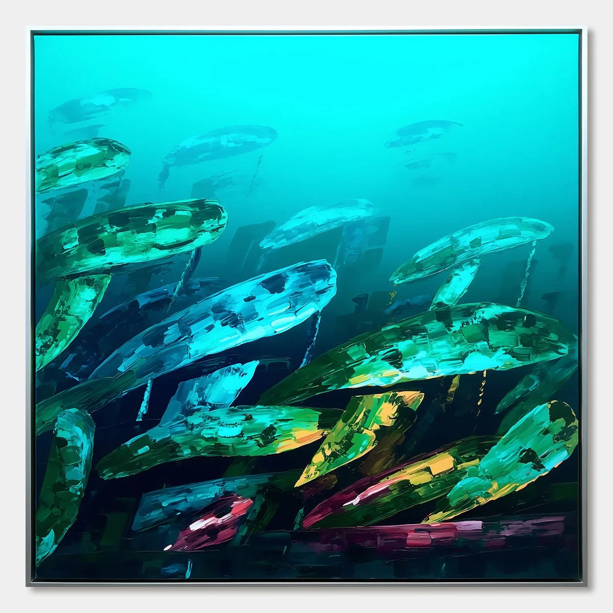 AQUATIC DREAM: Textured Abstract Teal and Green Oil Painting | hanging in AQUATIC DREAM: Textured Abstract Teal and Green Oil Painting featuring layered textured brushwork in refined tones; abstrac...