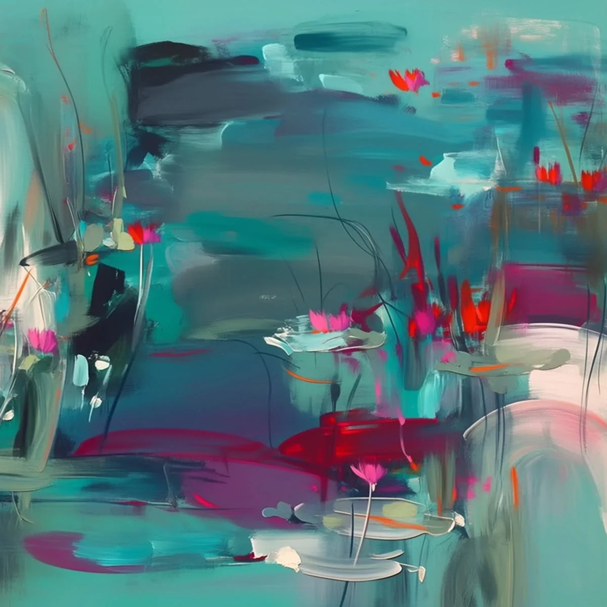 AQUATIC REVERIE: Vibrant Abstract Water Lily Pond Painting | rolled canvas, ready for custom framing