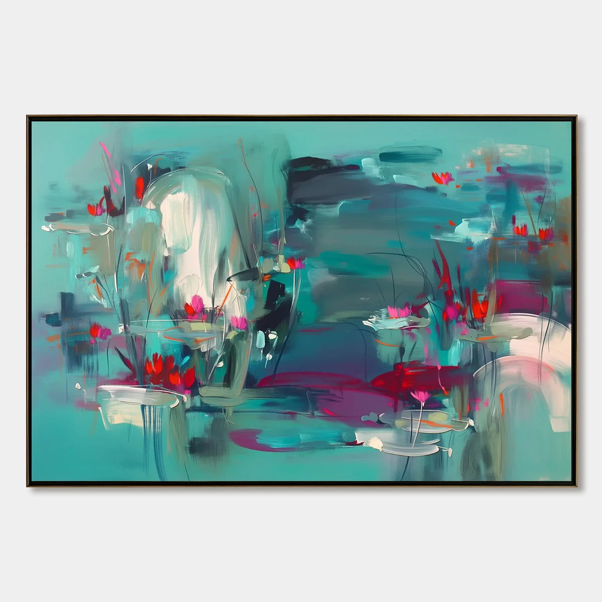 AQUATIC REVERIE: Vibrant Abstract Water Lily Pond Painting | hanging in AQUATIC REVERIE: Vibrant Abstract Water Lily Pond Painting featuring layered textured brushwork in refined tones; abstract co...