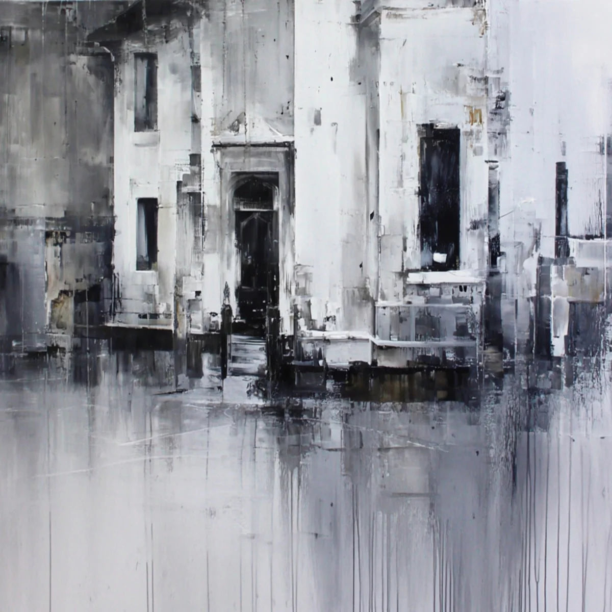 ARCHITECTURAL ECHO: Monochrome Abstract Cityscape Painting | rectangular format, hand-painted canvas edge