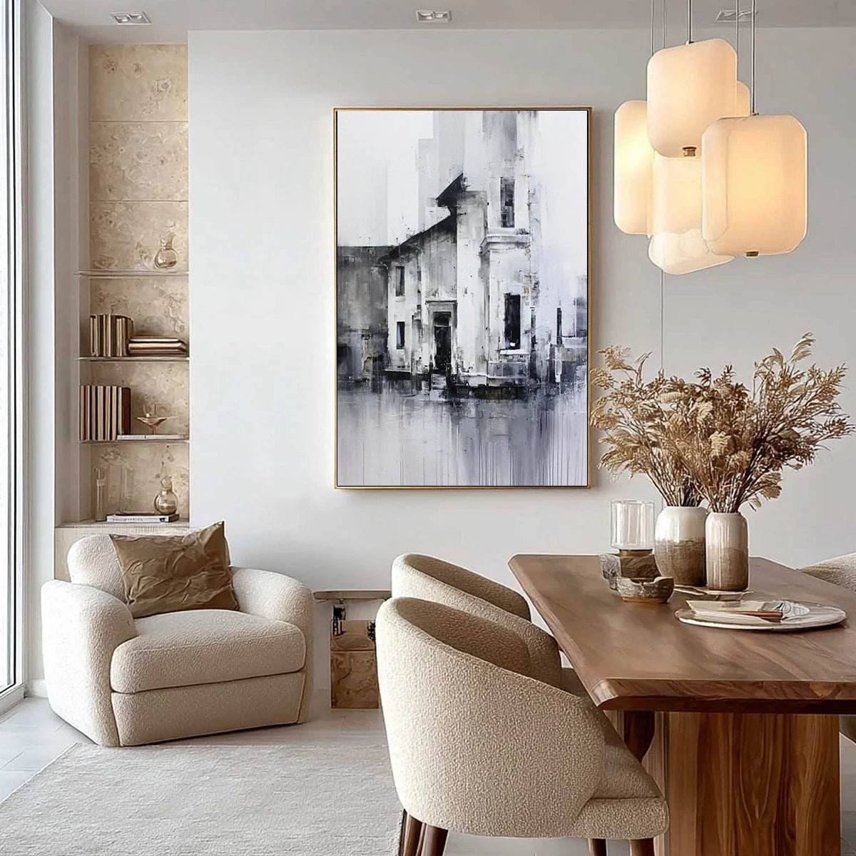 ARCHITECTURAL ECHO: Monochrome Abstract Cityscape Painting | gold frame stretched on neutral wall