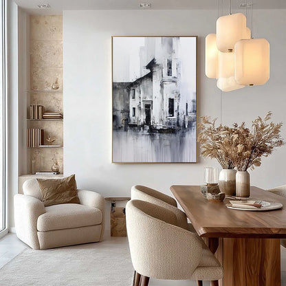 ARCHITECTURAL ECHO: Monochrome Abstract Cityscape Painting | gold frame stretched on neutral wall
