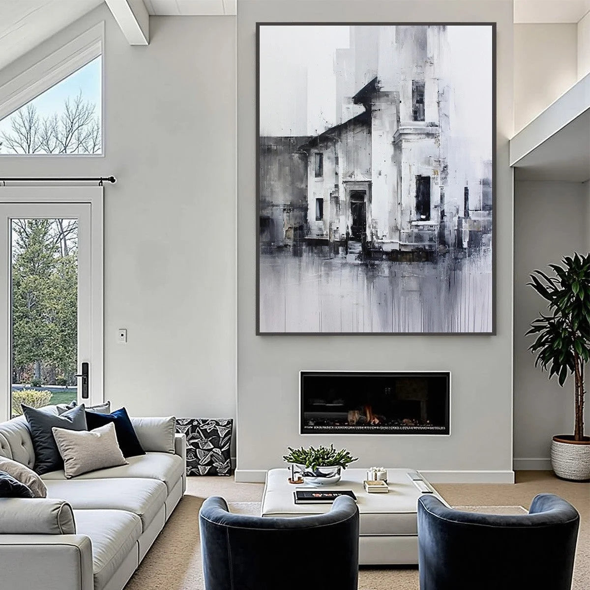 ARCHITECTURAL ECHO: Monochrome Abstract Cityscape Painting | black frame version on white wall
