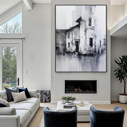 ARCHITECTURAL ECHO: Monochrome Abstract Cityscape Painting | black frame version on white wall