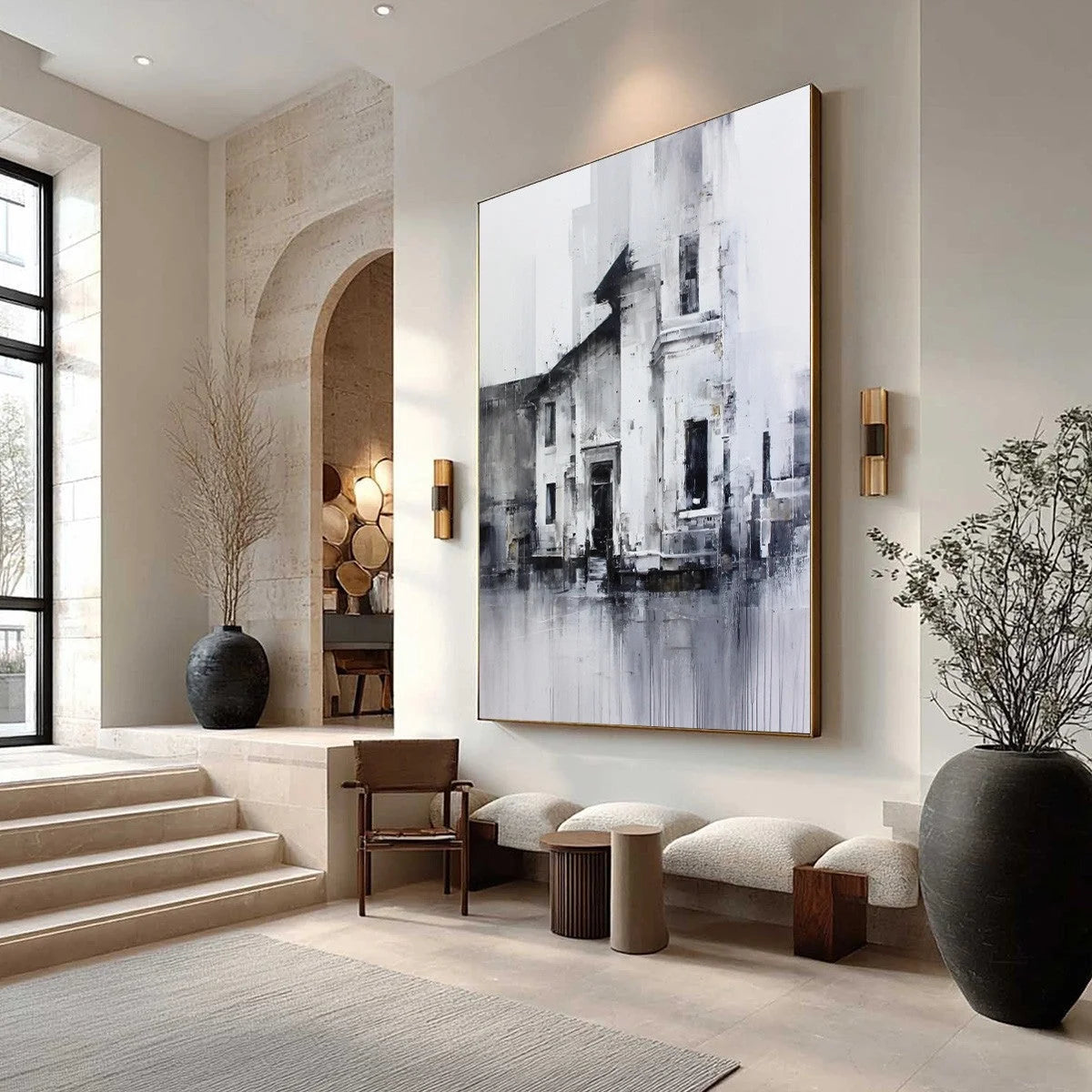 ARCHITECTURAL ECHO: Monochrome Abstract Cityscape Painting | Abstract mood, soft natural light studio shot