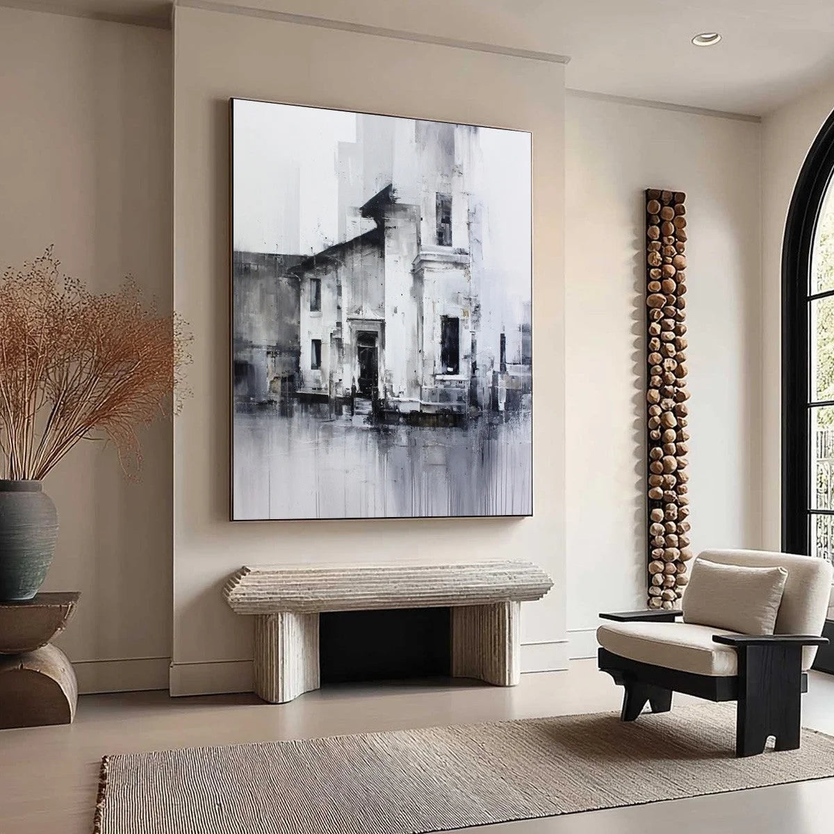 ARCHITECTURAL ECHO: Monochrome Abstract Cityscape Painting | beige palette, original Hand-painted on premium stretched canvas using artist-grade oils; rich layered surface combines smooth gradients...