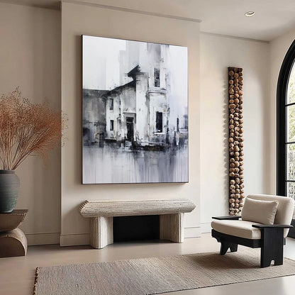 ARCHITECTURAL ECHO: Monochrome Abstract Cityscape Painting | beige palette, original Hand-painted on premium stretched canvas using artist-grade oils; rich layered surface combines smooth gradients...