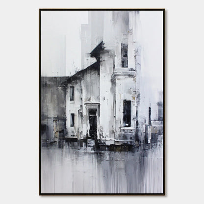 ARCHITECTURAL ECHO: Monochrome Abstract Cityscape Painting | hanging in ARCHITECTURAL ECHO: Monochrome Abstract Cityscape Painting featuring layered textured brushwork in refined tones; abstract co...