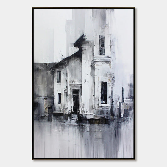 ARCHITECTURAL ECHO: Monochrome Abstract Cityscape Painting | hanging in ARCHITECTURAL ECHO: Monochrome Abstract Cityscape Painting featuring layered textured brushwork in refined tones; abstract co...