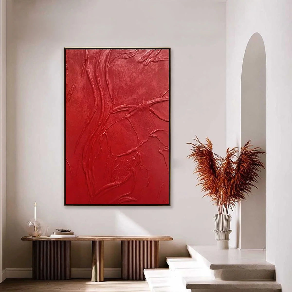ARDOR: Bold Red Textured Abstract Impasto Wall Art | gold frame stretched on neutral wall