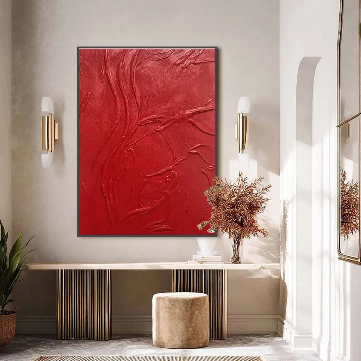 ARDOR: Bold Red Textured Abstract Impasto Wall Art | black frame version on white wall