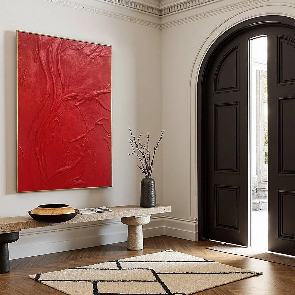 ARDOR: Bold Red Textured Abstract Impasto Wall Art | beige palette, original Hand-painted on premium stretched canvas using artist-grade oils; rich layered surface combines smooth gradients with ta...