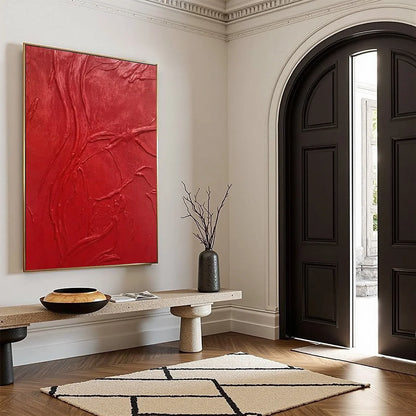 ARDOR: Bold Red Textured Abstract Impasto Wall Art | beige palette, original Hand-painted on premium stretched canvas using artist-grade oils; rich layered surface combines smooth gradients with ta...