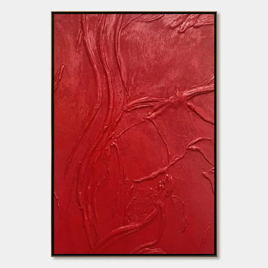 ARDOR: Bold Red Textured Abstract Impasto Wall Art | hanging in ARDOR: Bold Red Textured Abstract Impasto Wall Art featuring layered textured brushwork in refined tones; abstract composition with r...