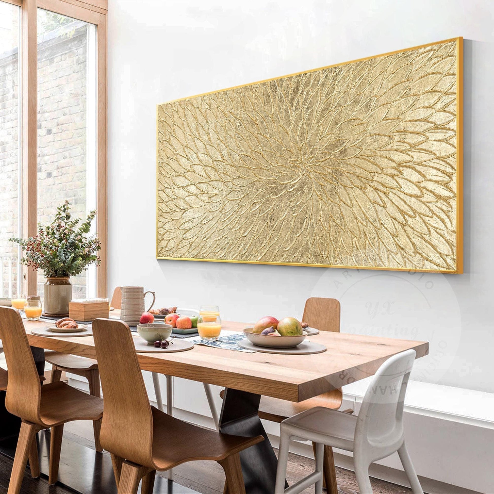 Arte abstracto floral dorado de gran tamaño, lienzo con pintura de flores en lám #12