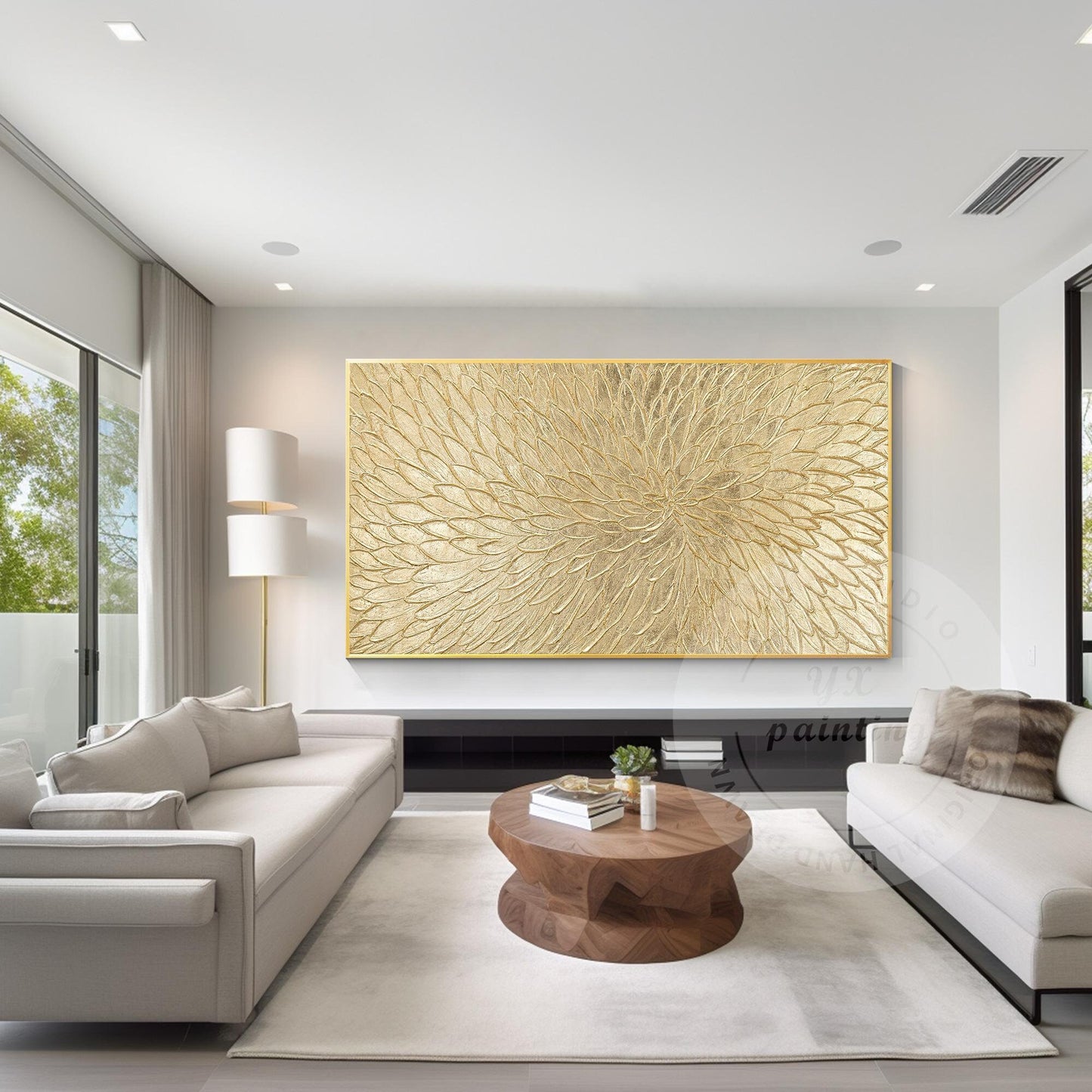 Arte abstracto floral dorado de gran tamaño, lienzo con pintura de flores en lám #5