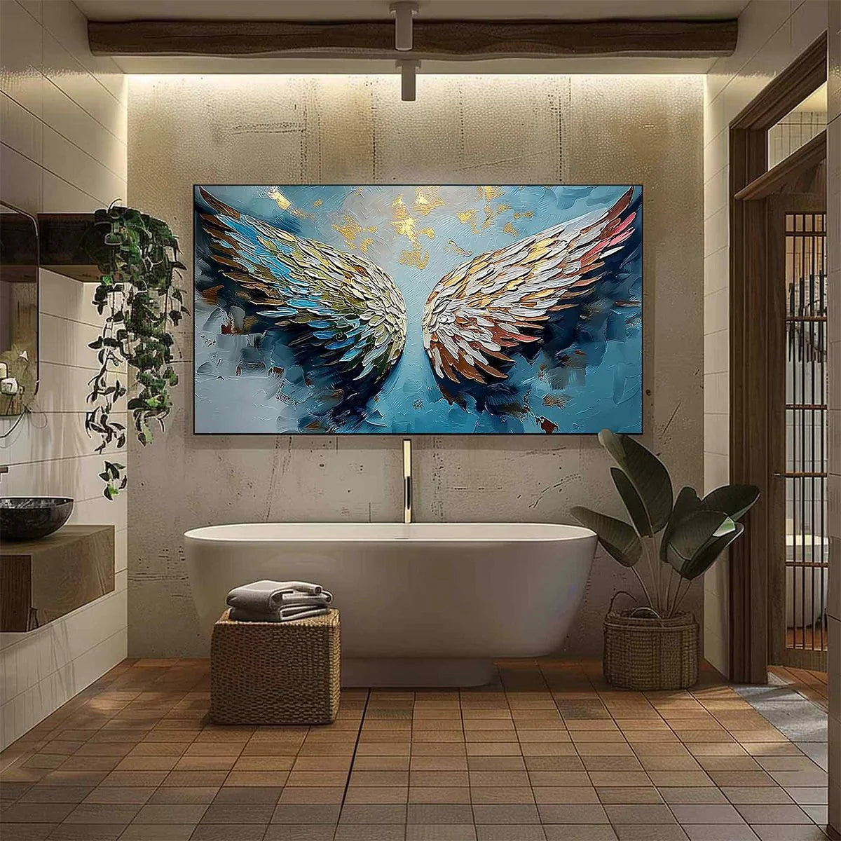 ASCENSION Abstract Angel Wings Textured Oil Painting on Canvas | gold frame stretched on neutral wall