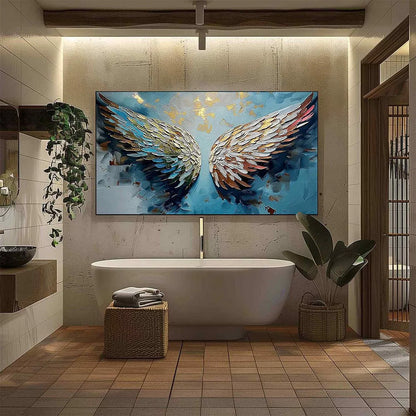 ASCENSION Abstract Angel Wings Textured Oil Painting on Canvas | gold frame stretched on neutral wall