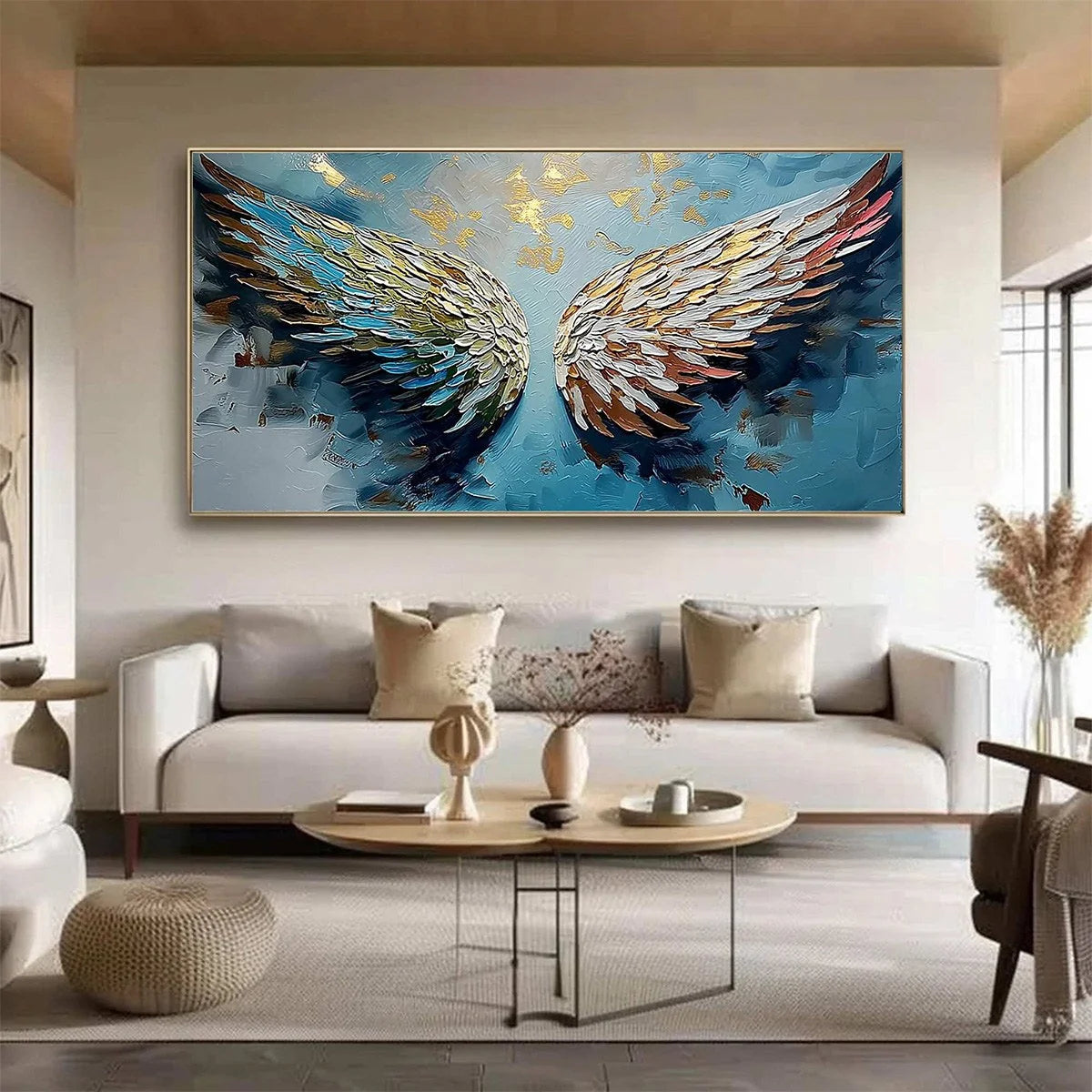 ASCENSION Abstract Angel Wings Textured Oil Painting on Canvas | black frame version on white wall