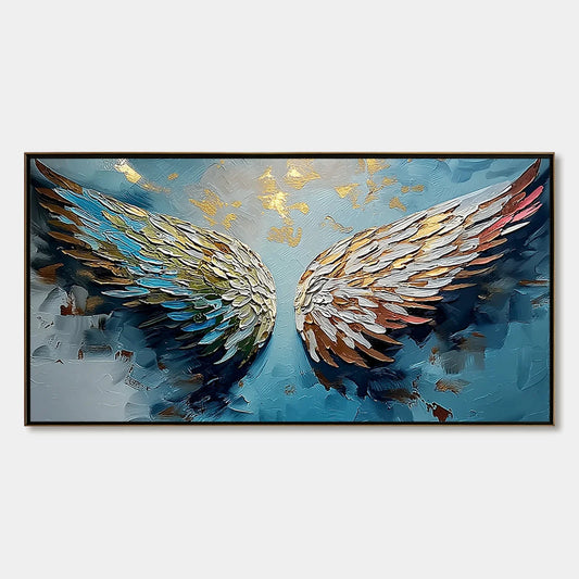 ASCENSION Abstract Angel Wings Textured Oil Painting on Canvas | hanging in ASCENSION Abstract Angel Wings Textured Oil Painting on Canvas featuring layered textured brushwork in refined tones; abs...