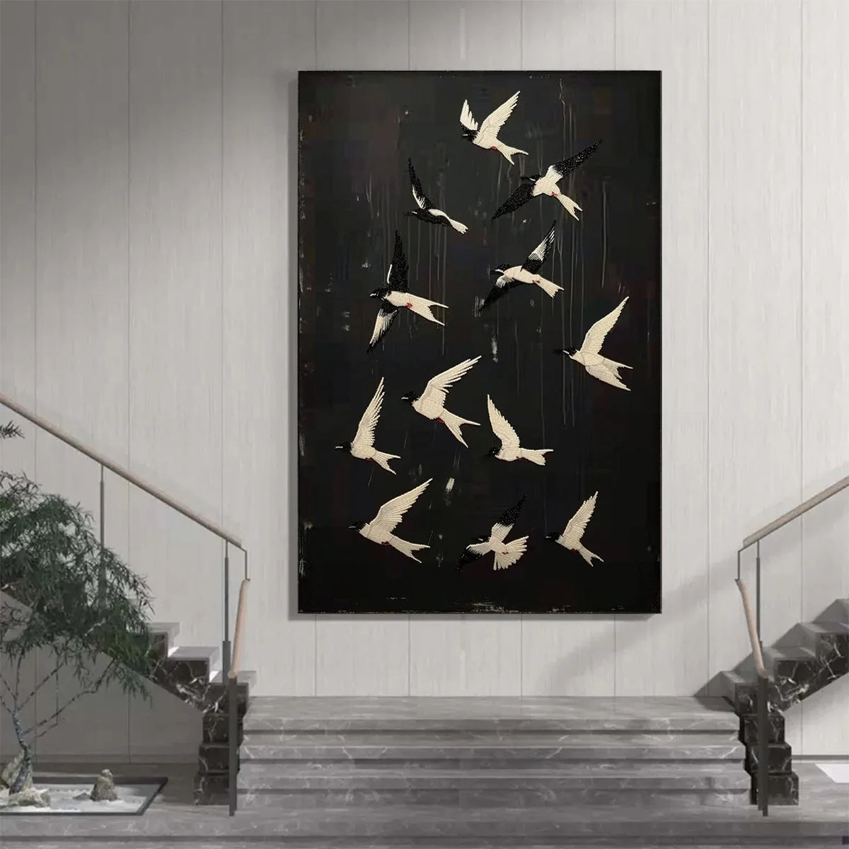 ASCENSION: Beaded Birds on Textured Canvas | Abstract closeup, raised brushwork detail