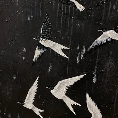 ASCENSION: Beaded Birds on Textured Canvas | rectangular format, hand-painted canvas edge