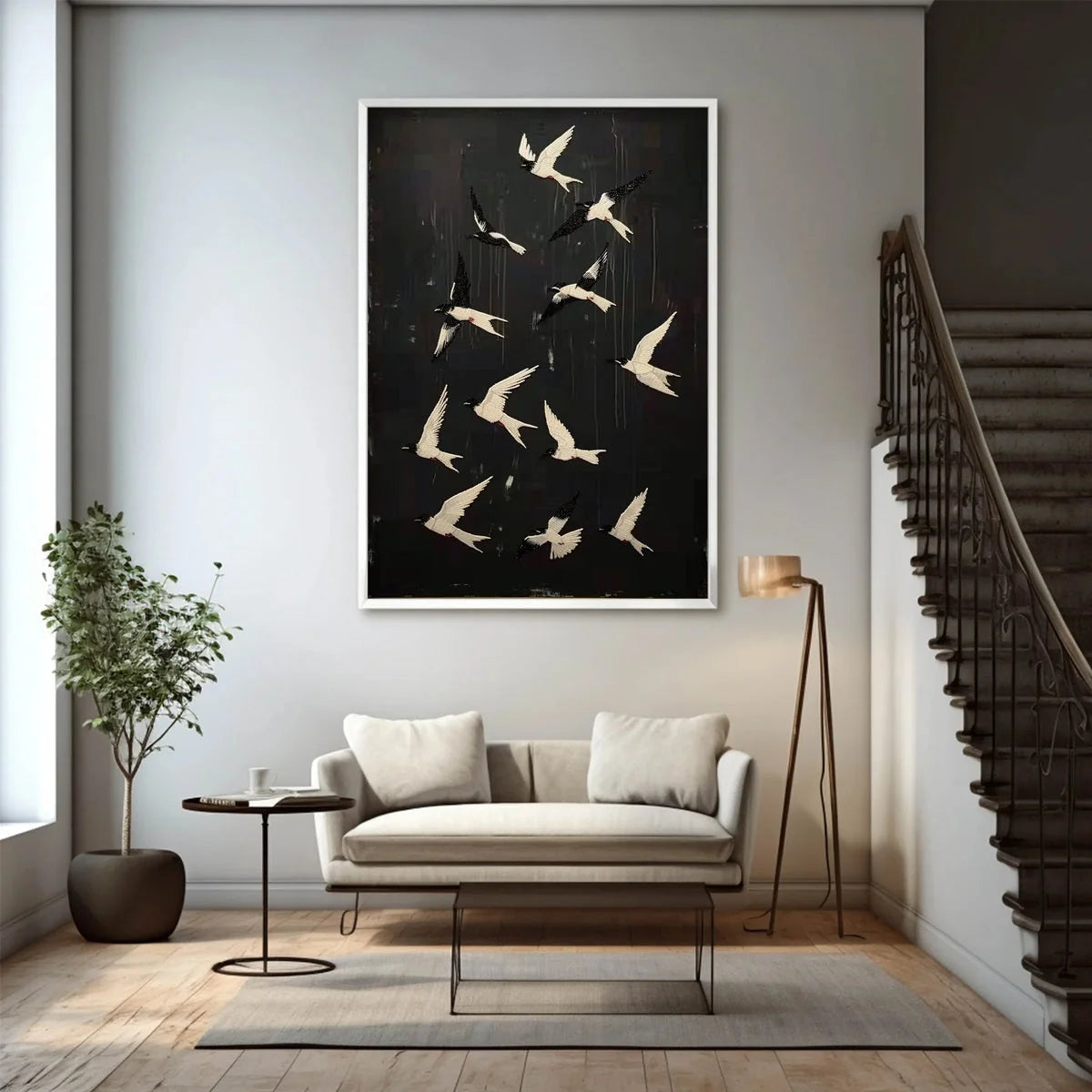 ASCENSION: Beaded Birds on Textured Canvas | gold frame stretched on neutral wall
