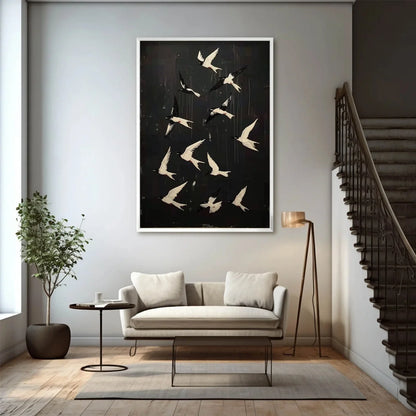 ASCENSION: Beaded Birds on Textured Canvas | gold frame stretched on neutral wall