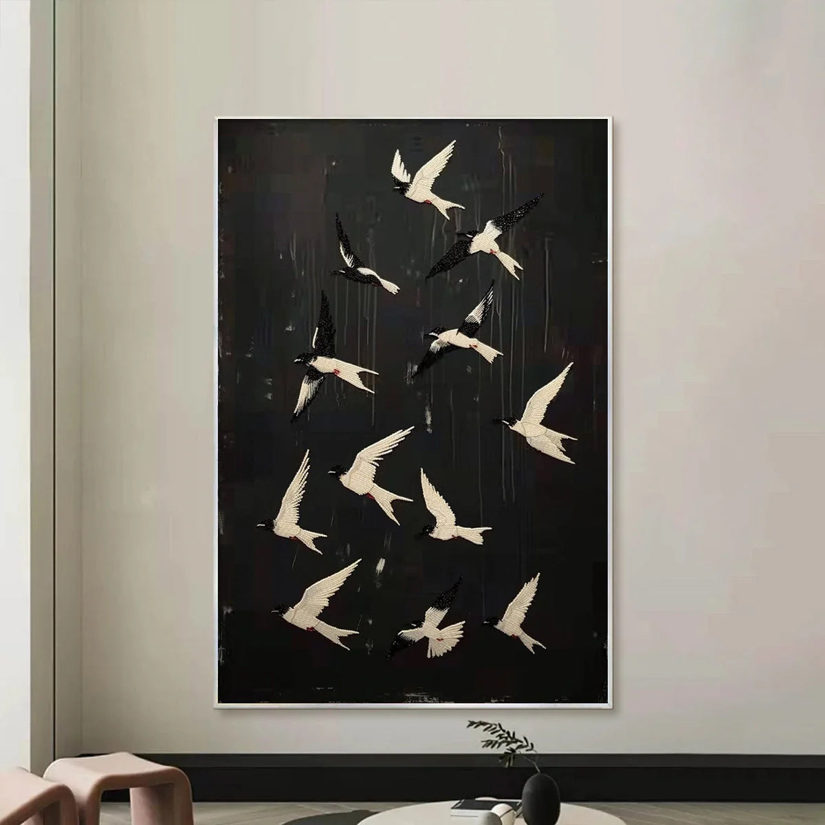 ASCENSION: Beaded Birds on Textured Canvas | black frame version on white wall