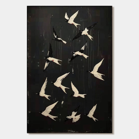 ASCENSION: Beaded Birds on Textured Canvas | hanging in ASCENSION: Beaded Birds on Textured Canvas featuring layered textured brushwork in refined tones; abstract composition with rich palette-knif...