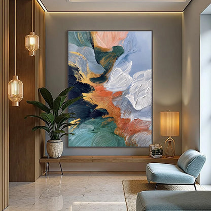 ASCENSION: Textured Impasto Abstract Painting with Gold Accents | gold frame stretched on neutral wall
