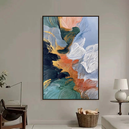 ASCENSION: Textured Impasto Abstract Painting with Gold Accents | black frame version on white wall