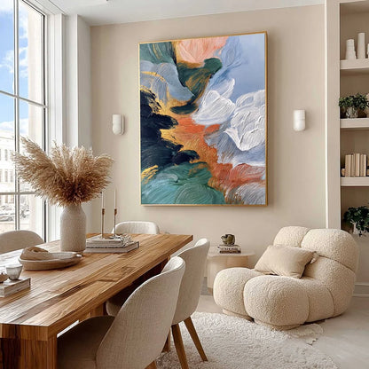 ASCENSION: Textured Impasto Abstract Painting with Gold Accents | Abstract mood, soft natural light studio shot