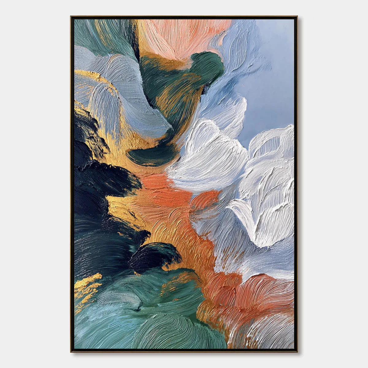 ASCENSION: Textured Impasto Abstract Painting with Gold Accents | hanging in ASCENSION: Textured Impasto Abstract Painting with Gold Accents featuring layered textured brushwork in refined tones; a...