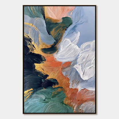 ASCENSION: Textured Impasto Abstract Painting with Gold Accents | hanging in ASCENSION: Textured Impasto Abstract Painting with Gold Accents featuring layered textured brushwork in refined tones; a...