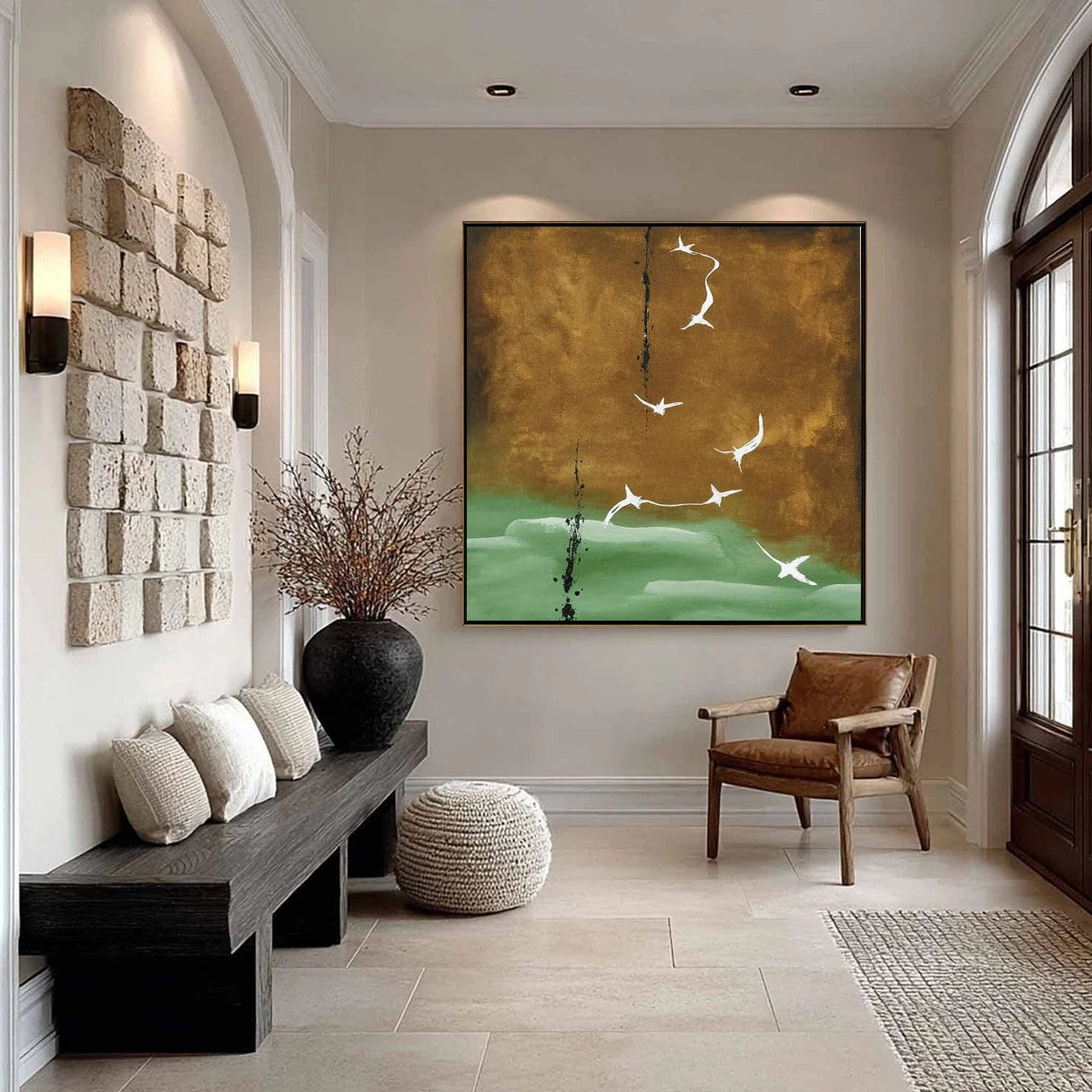 ASCENSION: Wabi Sabi Inspired Abstract Bird Painting | gold frame stretched on neutral wall