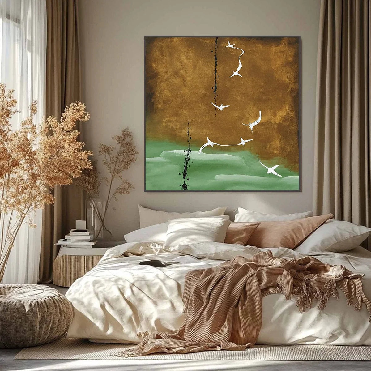 ASCENSION: Wabi Sabi Inspired Abstract Bird Painting | black frame version on white wall