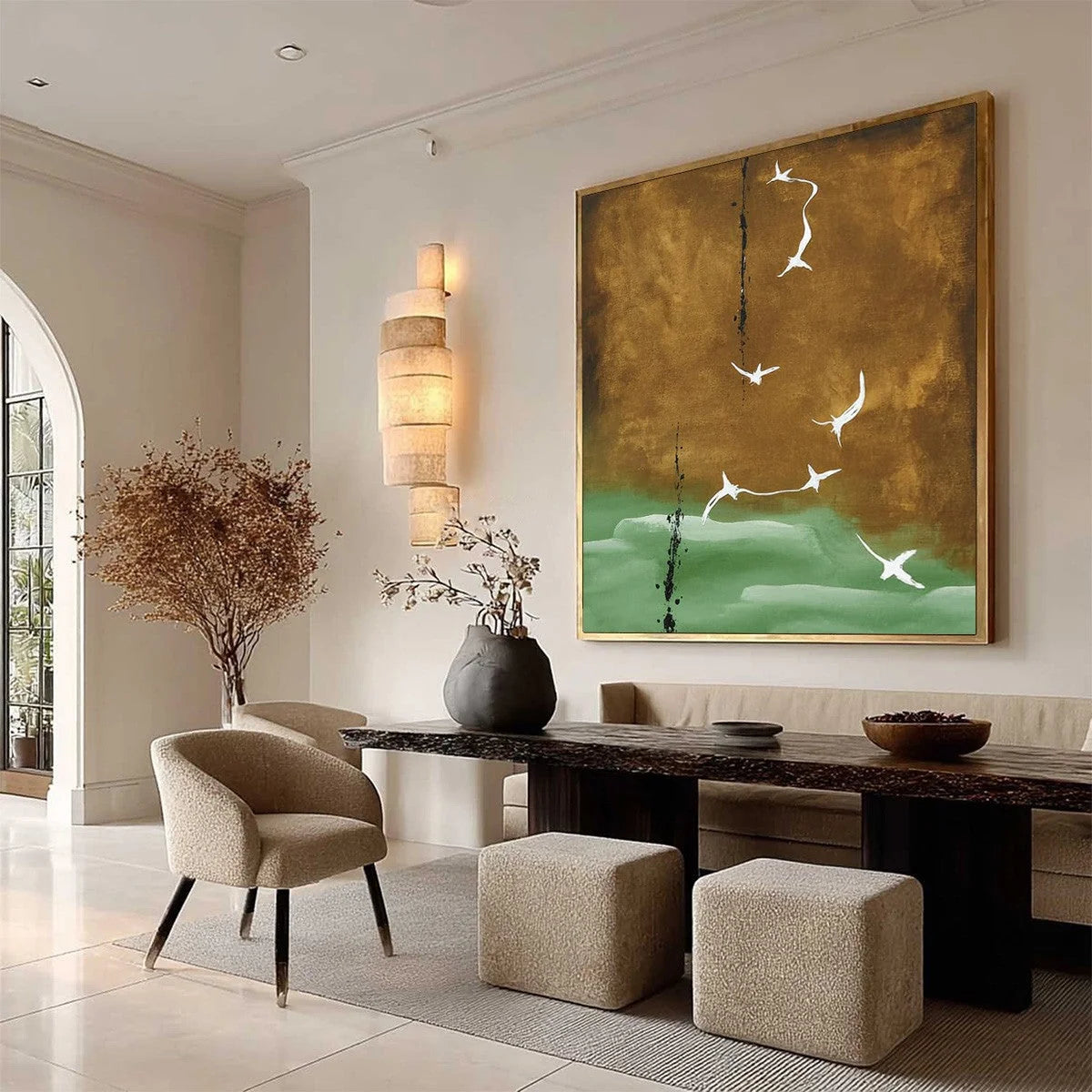 ASCENSION: Wabi Sabi Inspired Abstract Bird Painting | beige palette, original Hand-painted on premium stretched canvas using artist-grade oils; rich layered surface combines smooth gradients with ...
