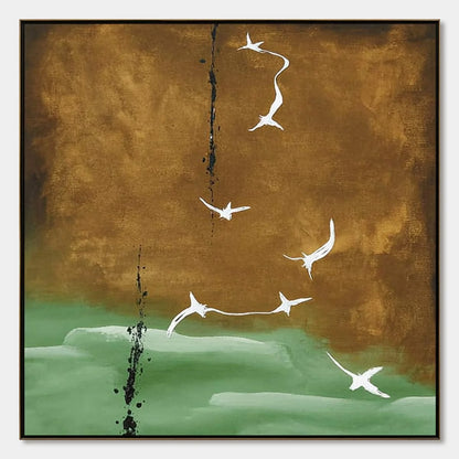 ASCENSION: Wabi Sabi Inspired Abstract Bird Painting | hanging in ASCENSION: Wabi Sabi Inspired Abstract Bird Painting featuring layered textured brushwork in refined tones; abstract composition wi...