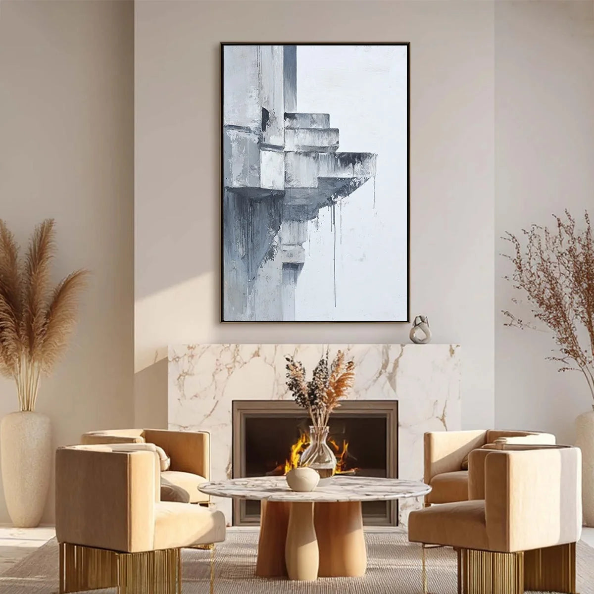 ASCENT: Minimalist Architectural Abstract Painting | black frame version on white wall