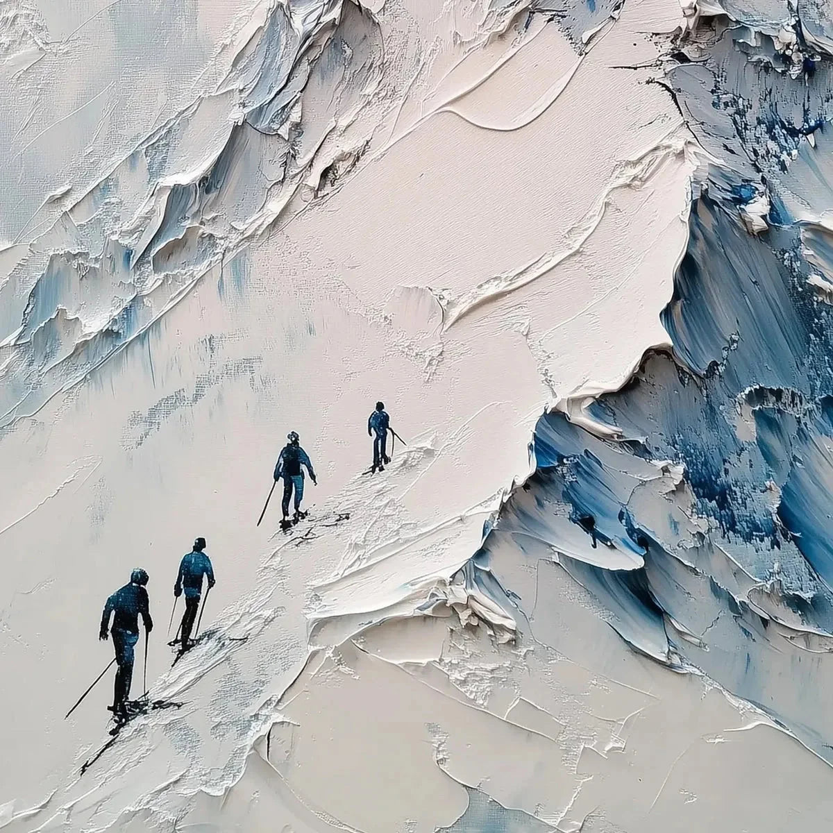 ASCENT: Textured Impasto Mountain Landscape Painting with Skiers | rectangular format, hand-painted canvas edge
