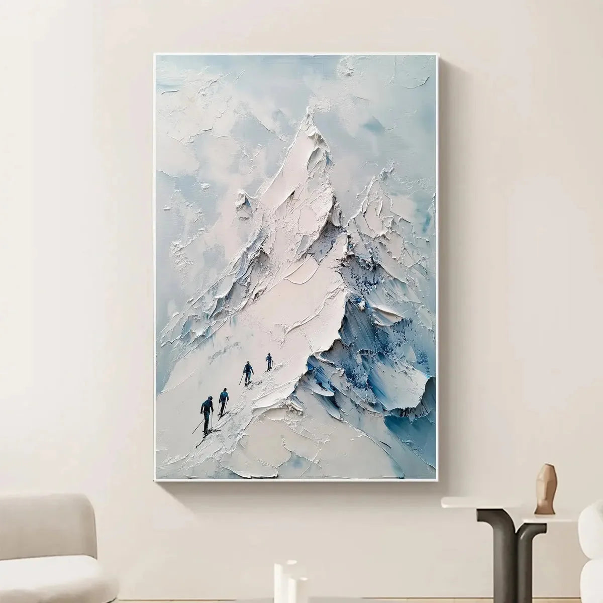 ASCENT: Textured Impasto Mountain Landscape Painting with Skiers | gold frame stretched on neutral wall